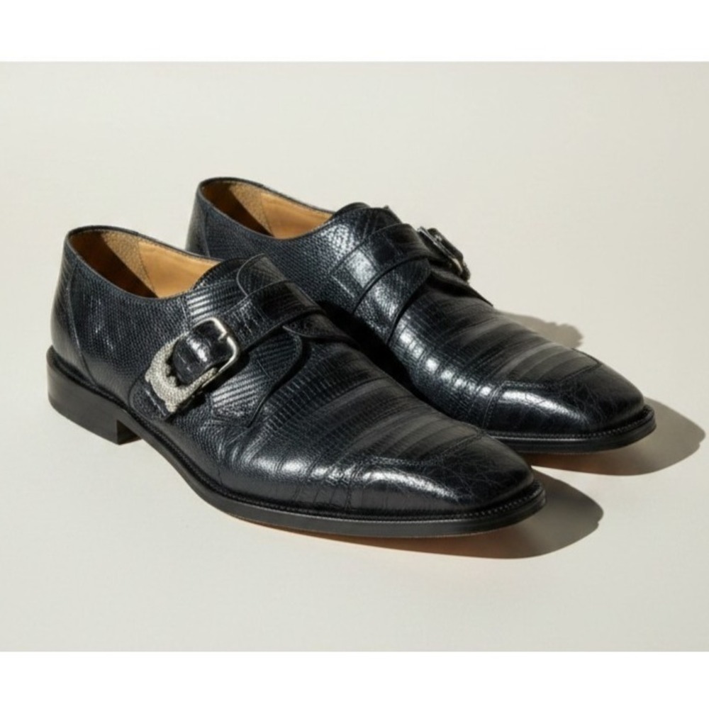 David Eden YUMA Mens Size 11 Genuine Crocodile Teju Lizard Dress Shoe Black Monk